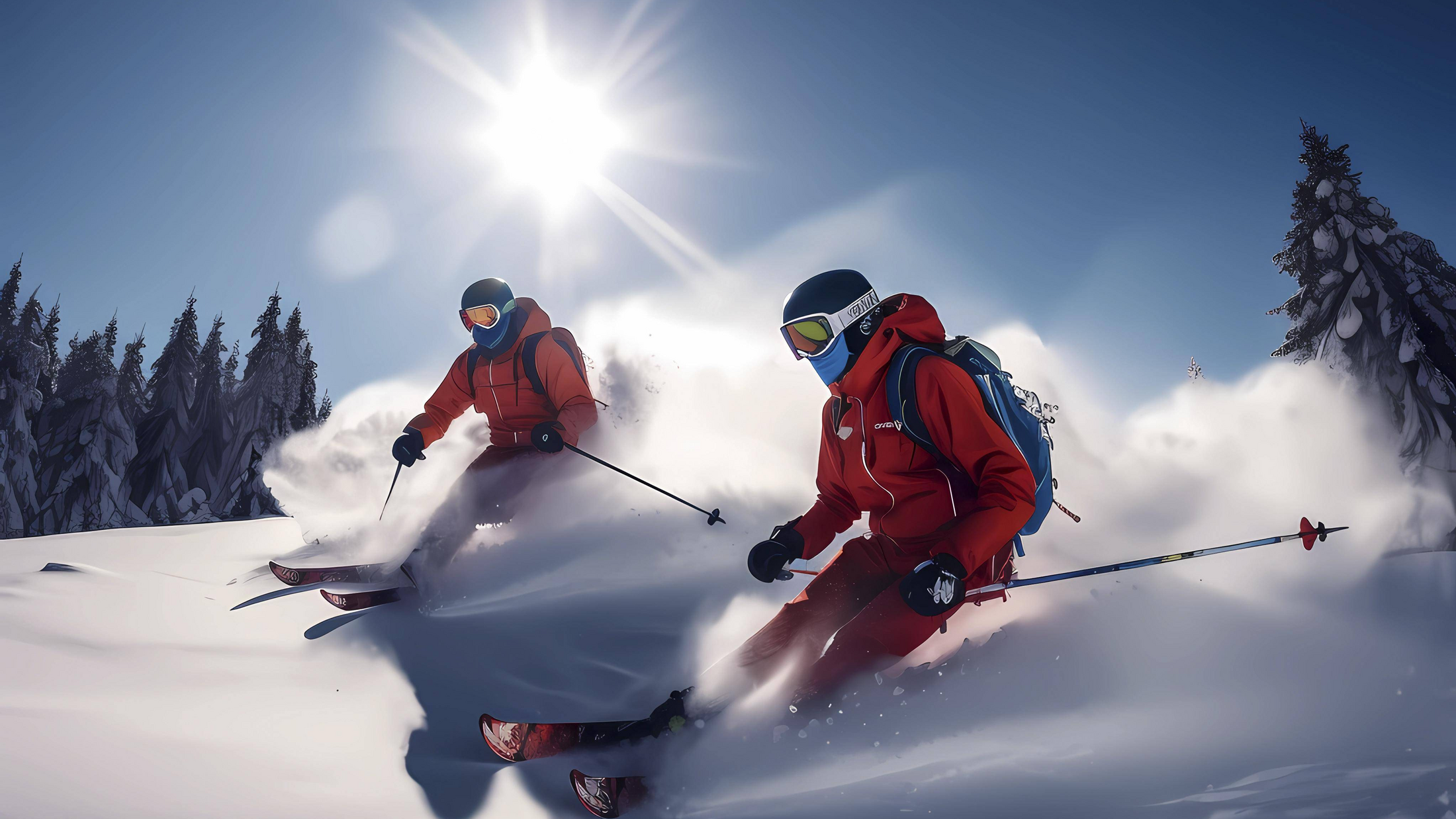 2 Menschen in roten Winterjacken die Skifahren