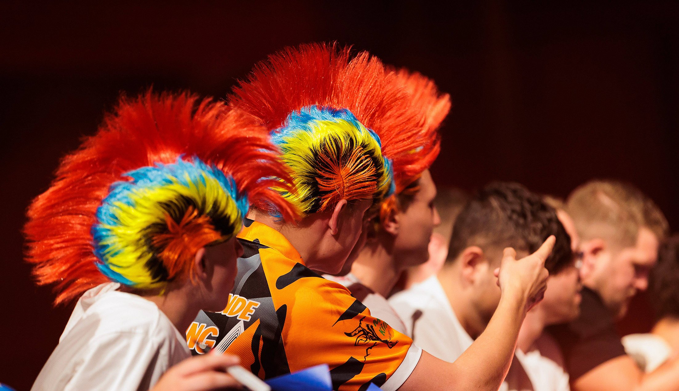 Fans mit verrückten bunten Irokesen Perücken