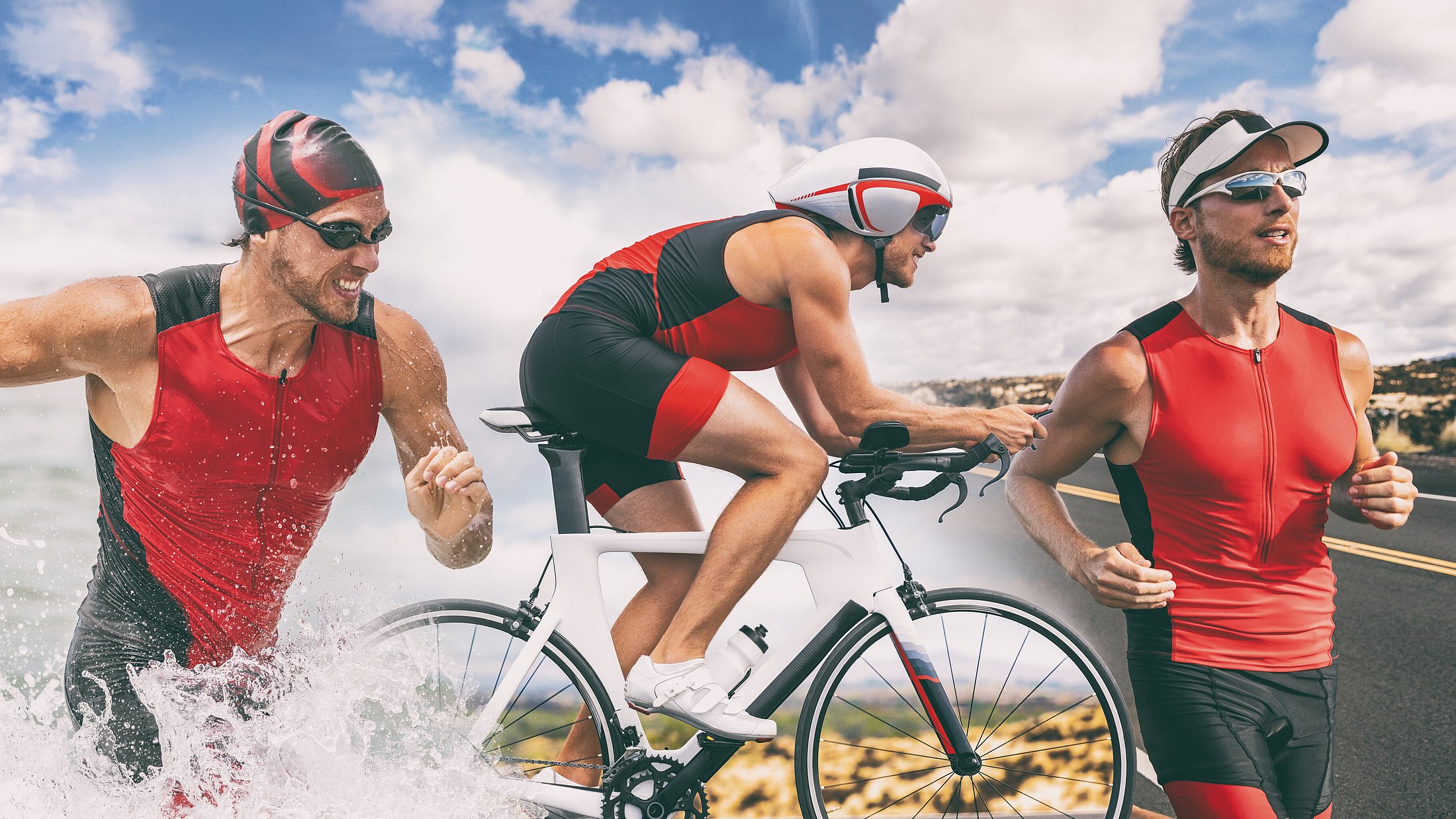 eine Collage mit einem Schwimmer, Fahrradfahrer und einem Läufer