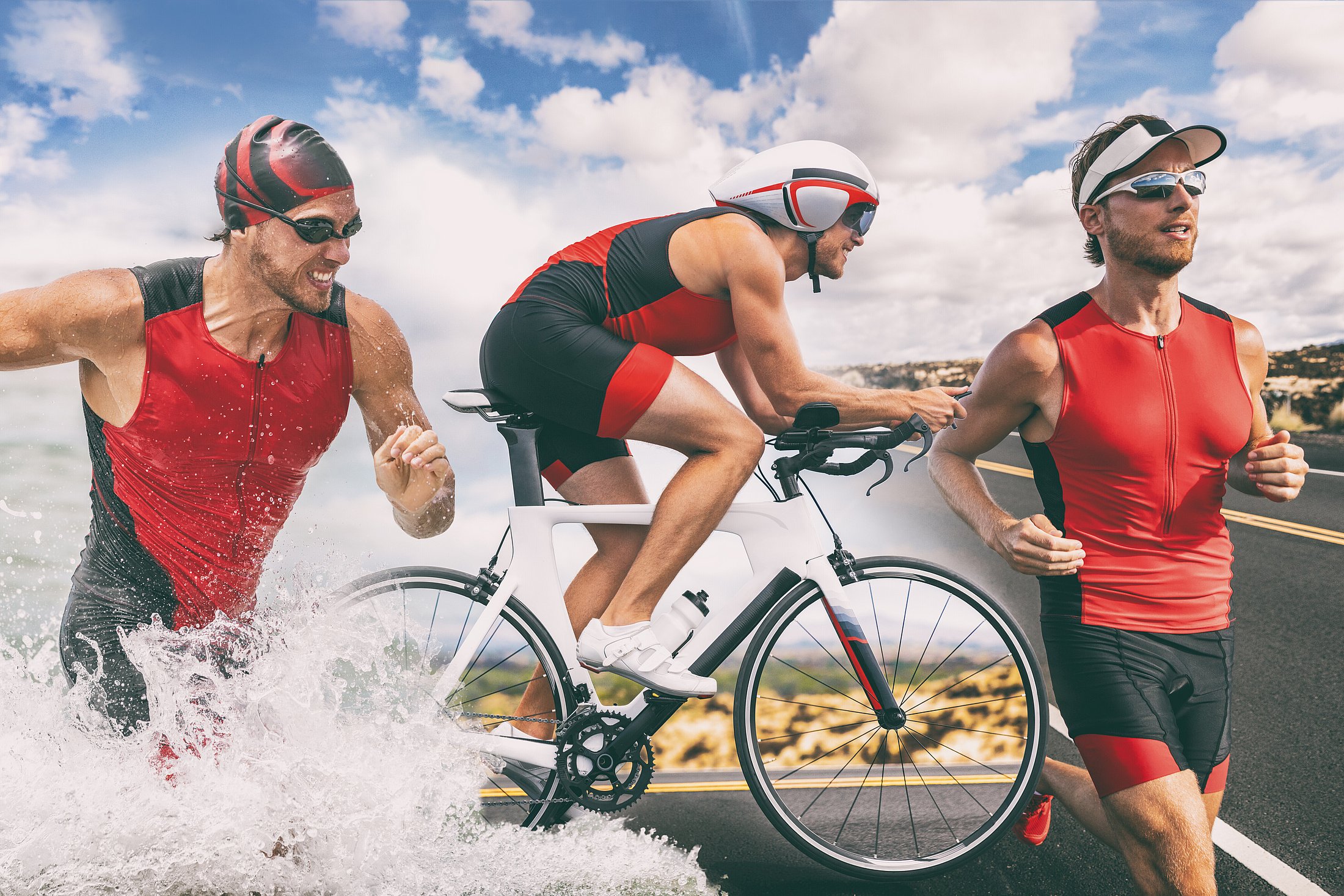 eine Collage mit einem Schwimmer, Fahrradfahrer und einem Läufer