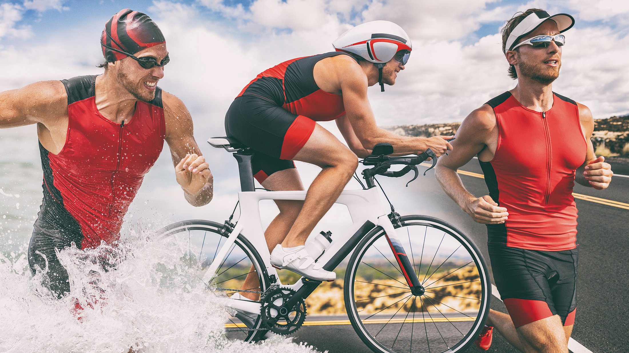 eine Collage mit einem Schwimmer, Fahrradfahrer und einem Läufer